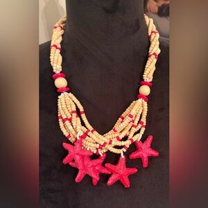 Vintage 1970s Starfish Beaded Necklace - Red and Tan